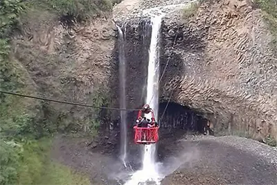 Bride's Veil waterfall and cable car in Baños